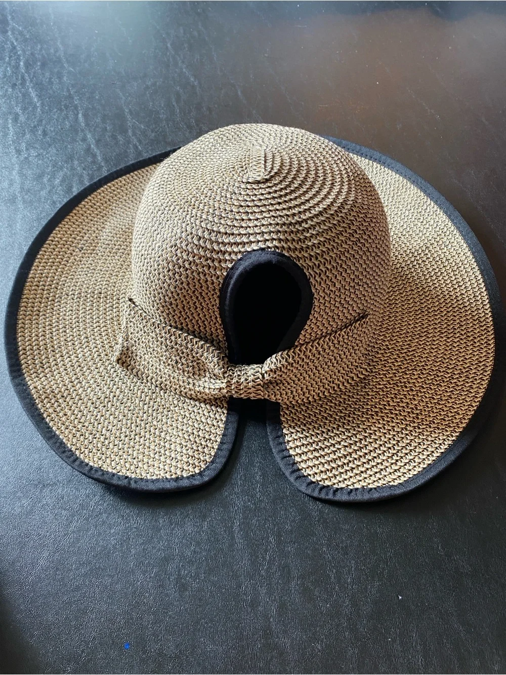 David and Young Tan Toyo Straw Sun Hat with Black Trim and Bow Detail on Back